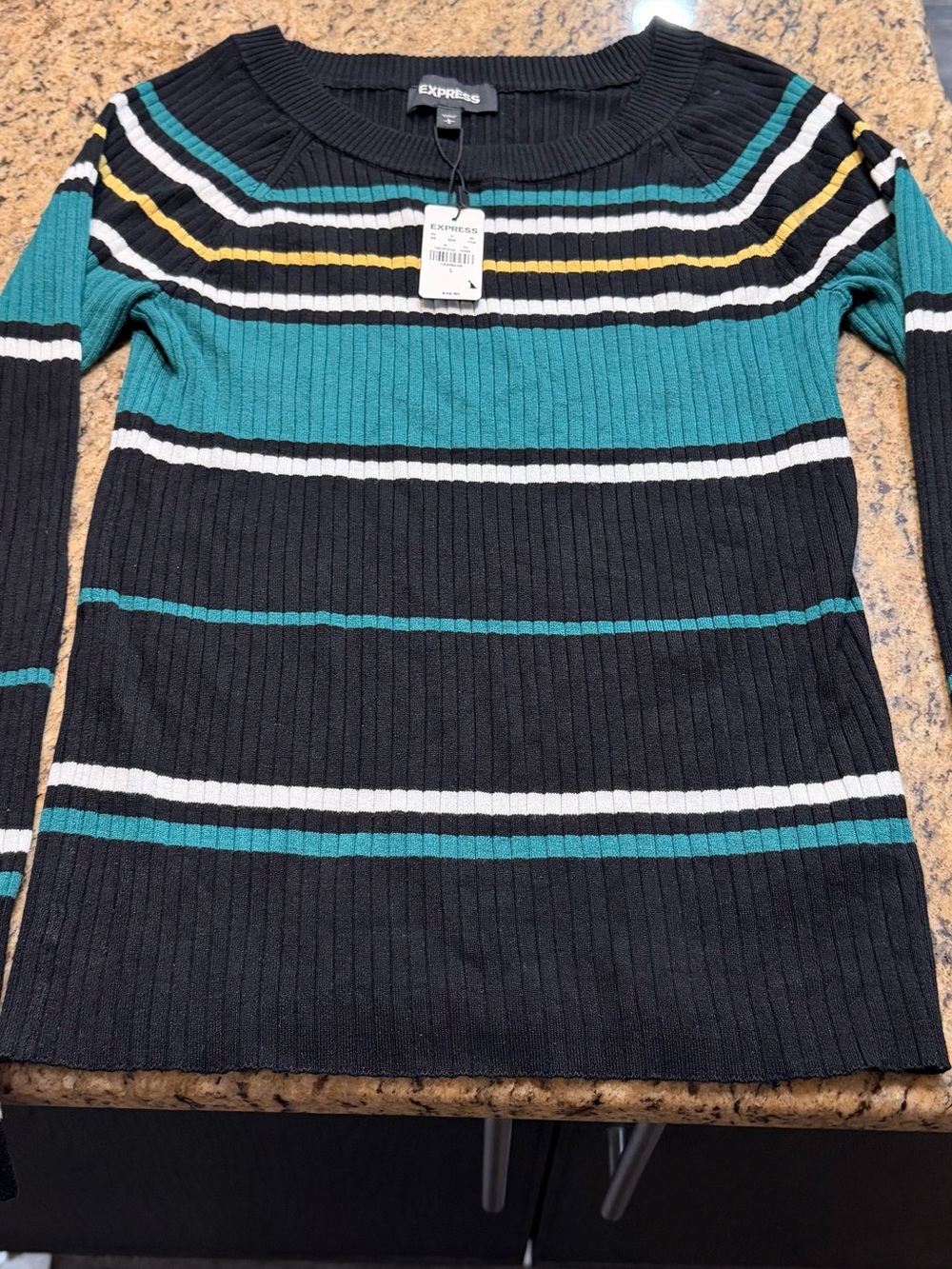 Express Black and Teal Striped Ribbed Sweater with White and Yellow Accents